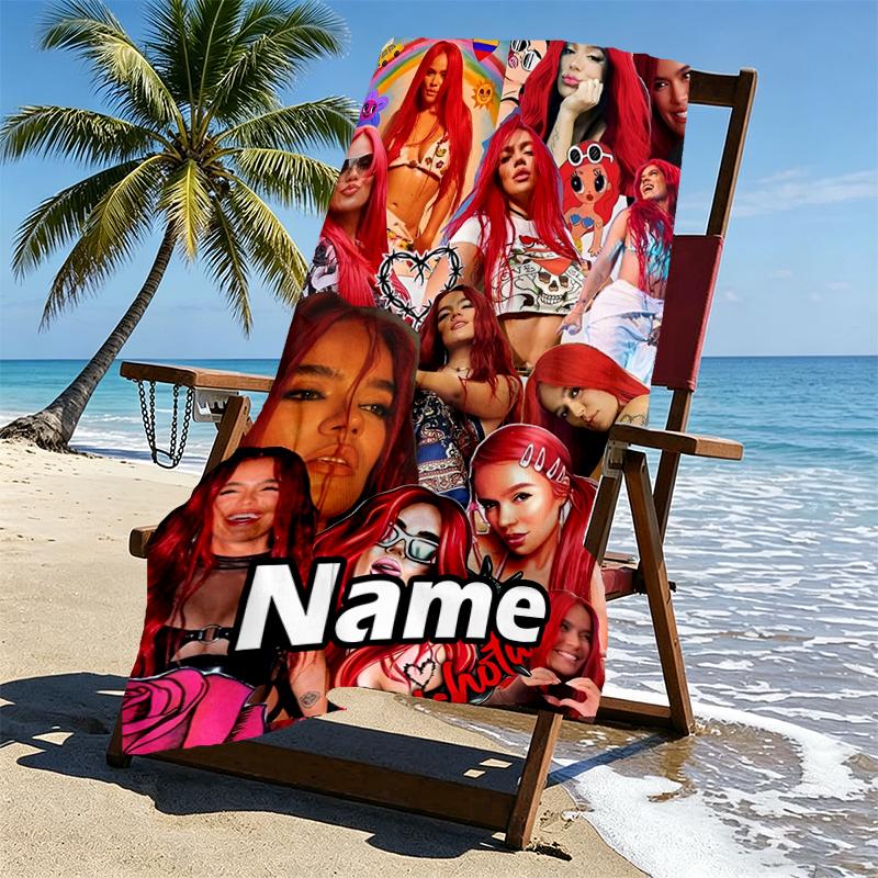 Custom Name Personalized Karol G Print Beach Towel, for Trip Camping Beach Party Home Decor, Birthday Gift for Family & Friends