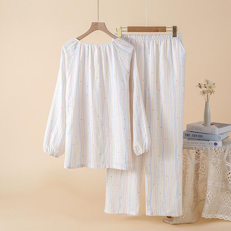 2026 New Spring and Autumn Women's Pajama Set 100% Cotton Round Neck Long Sleeve Two Piece Set Thin Home Clothing Sleepwear