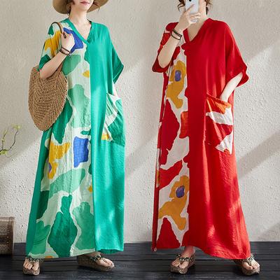 Women Summer Long Dress V-Neck Half Sleeve Floral Printed Maxi Dress Loose Plus Size Cotton Linen Dress