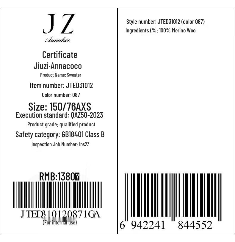 Jiusi Annakoo Women's Seamless 100% Wool High-Neck Knit Sweater