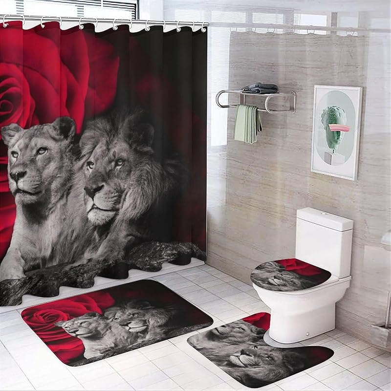 Rustic African Lion 4 Pcs Waterproof Shower Curtain Set,Summer Tropical Jungle Wildlife Lion Father and Son with Waterproof Toilet Cover Shower Mat