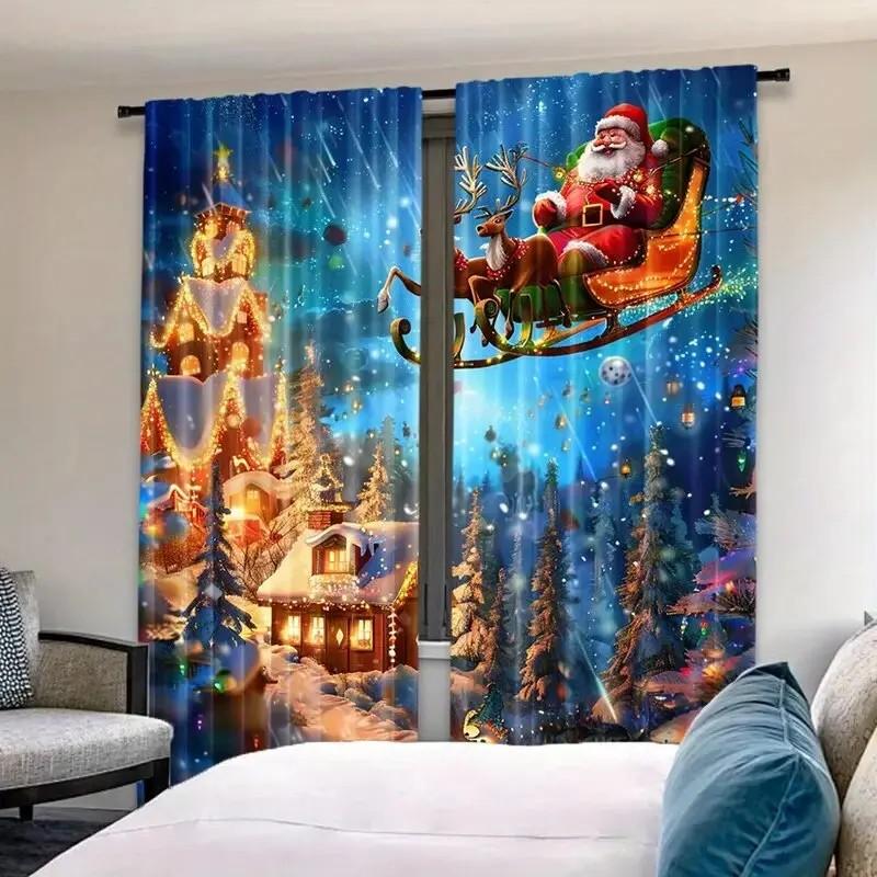 Festive Santa Claus Curtains Christmas Window Decor Polyester Drape Home Room Darkening Set Of 2 Made With Rod Pocket