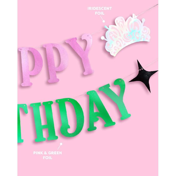 xo, Fetti Happy Birthday Banner - Pink + Green Foil, 4 Ft. | Witch Birthday Decorations, Girls Bday Sign, Kids Wizard Party, Photoshoot Backdrop