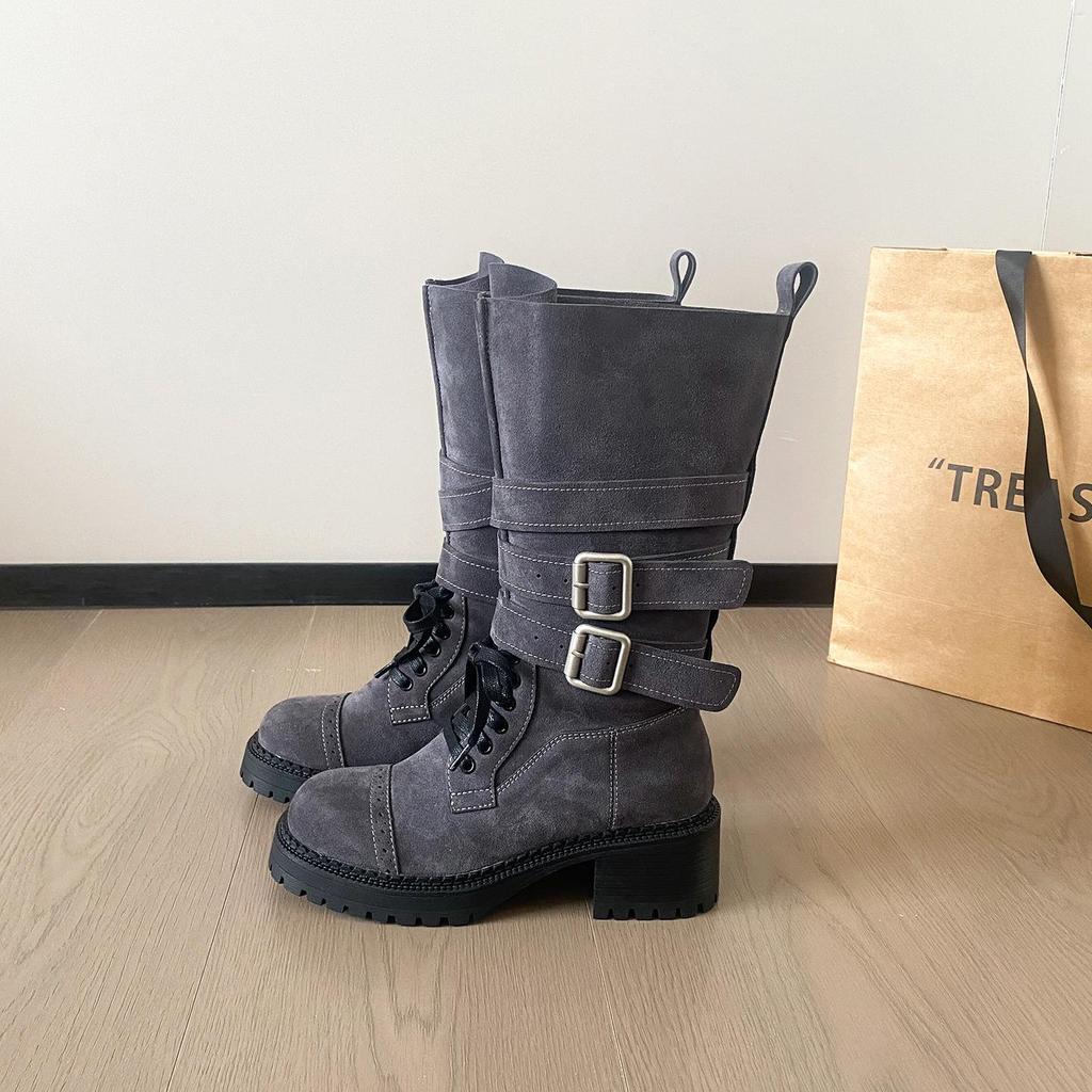 Autumn 2025 Genuine Leather Retro Mid-Calf Buckle Boots - Western Chunky Heel Motorcycle Style