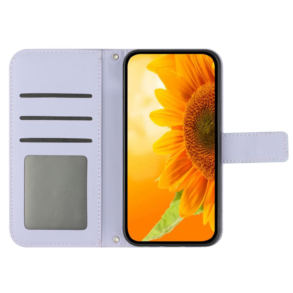 HT04 For iPhone 16 Case Sunflower Skin-Feel Leather Phone Cover with Shoulder Strap
