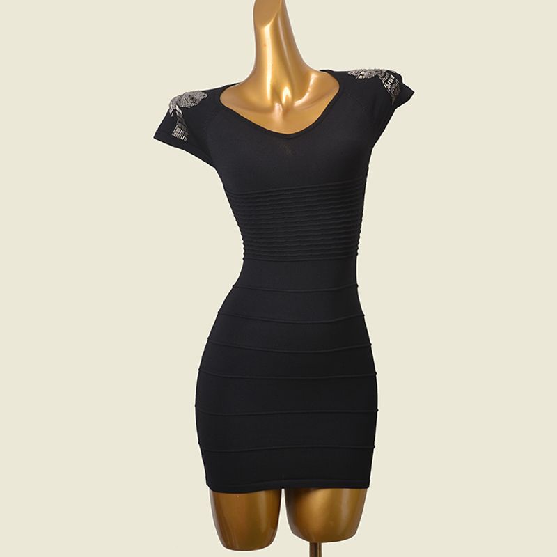 

B Brand Leak-Picking Heavy Industry Hand Sewing Sequin Square Collar Short Sleeve Silm Bodycon Dress Fashion Wind Sexy Knitting Short Skirt Black S