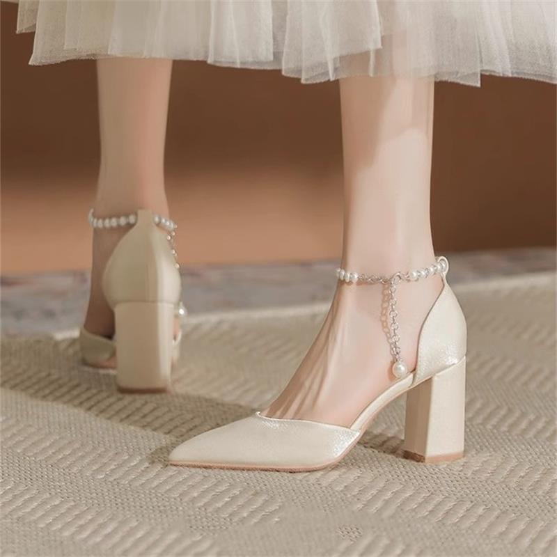 Thick Heel Pointed Hollow Pearl One-word Buckle High Heels High Heels Wedding Shoes Versatile Small Size Shallow Mouth Single Shoes Bridesmaid Shoes