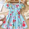Dress For Girls 1-8Y Birthday Korean Style Fashion Ruffle Trim Off-Shoulder Floral Pattern Strap Dress