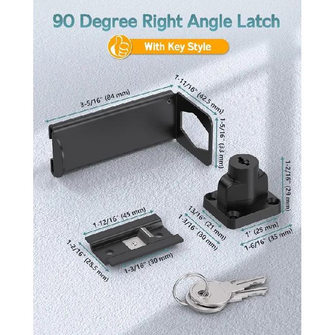 90-Degree Door Lock with Key, Right-Angle Sliding Hasp Latch for Outward-Opening Barn/Closet/Cabinet Doors, Screw Mount, 2 Keys