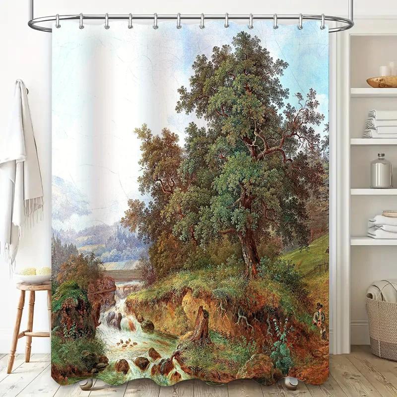 Nature-Inspired Shower Curtain Mountain Stream with Lush Trees for Bathroom Decoration