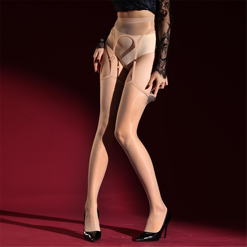 Women 1D Dot Thin Hollow Out Pantyhose Oil Glossy Shiny Open Crotch Elastic Stockings Sheer See Through Maid Dance Stockings