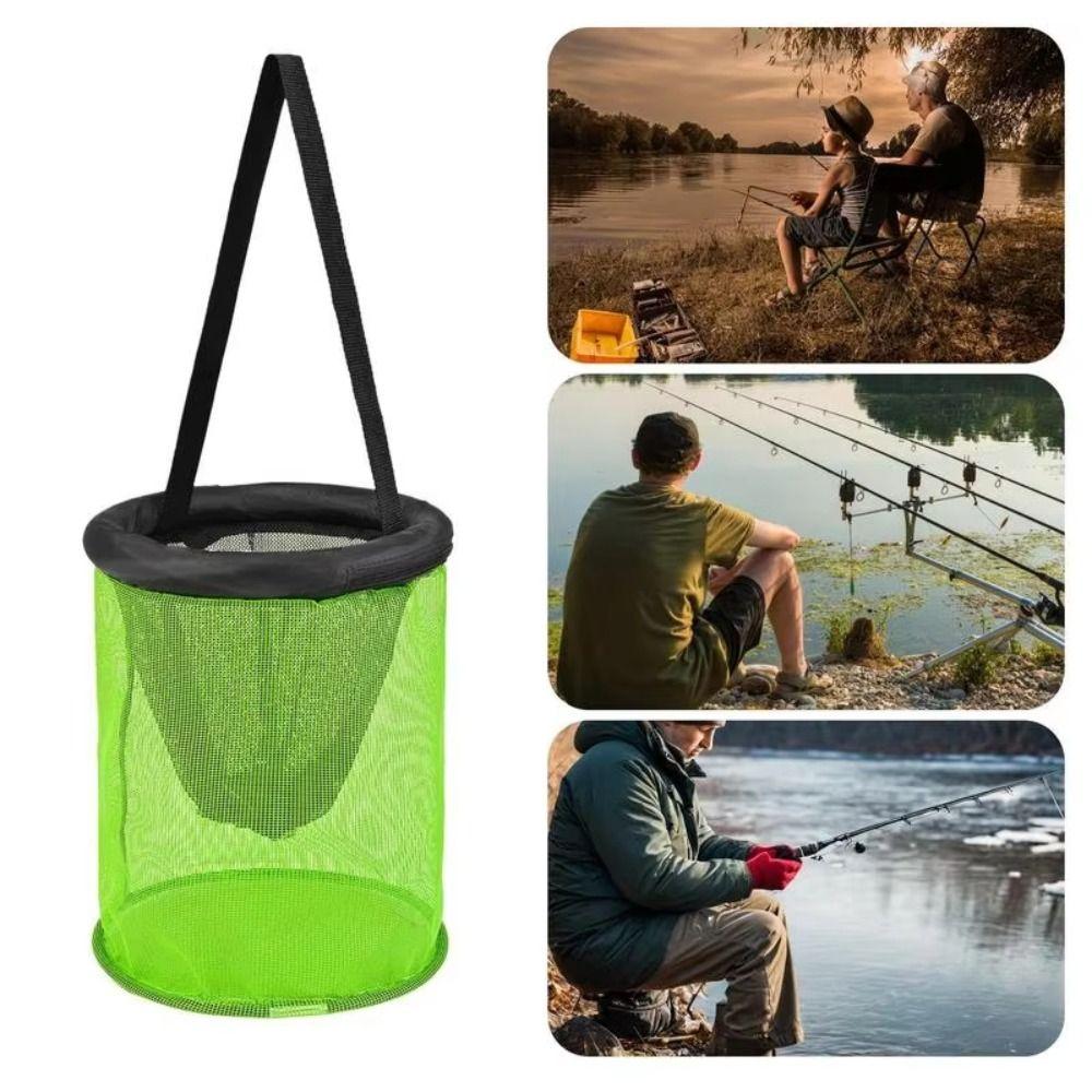 Drawstring Closure Foldable Fishing Basket Durable Mesh Live Fish Net Fishing Gear Tackle