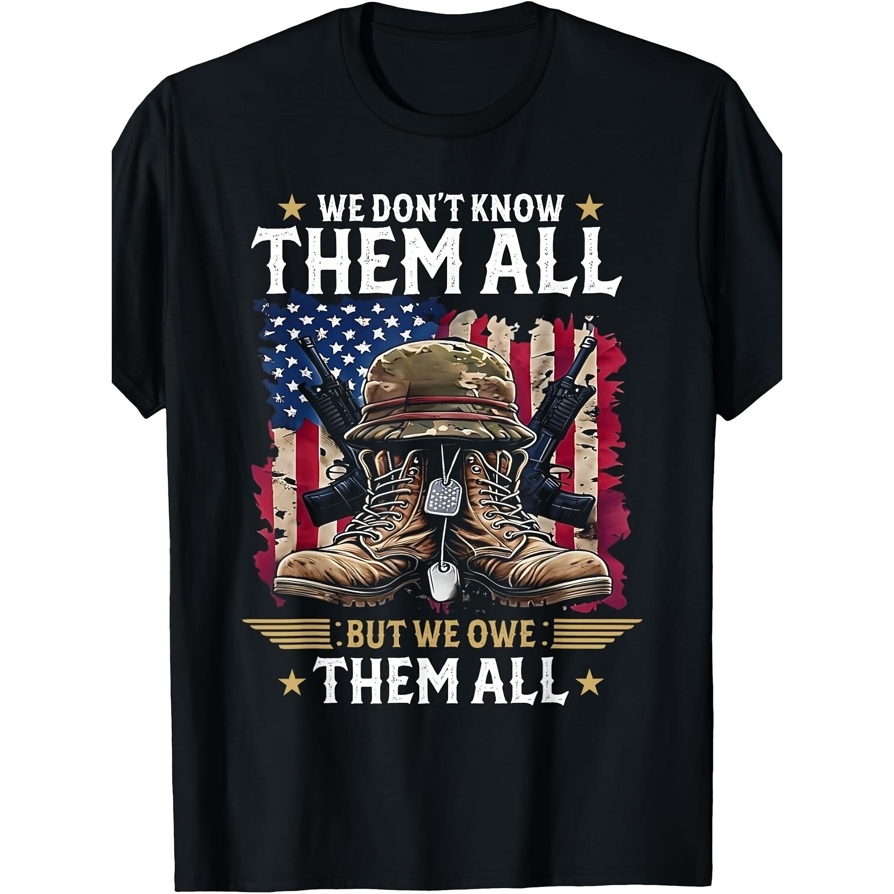 We Owe Them All Military Boots Graphic Tee Patriotic US Flag Print Short Sleeve T-Shirt for Men S