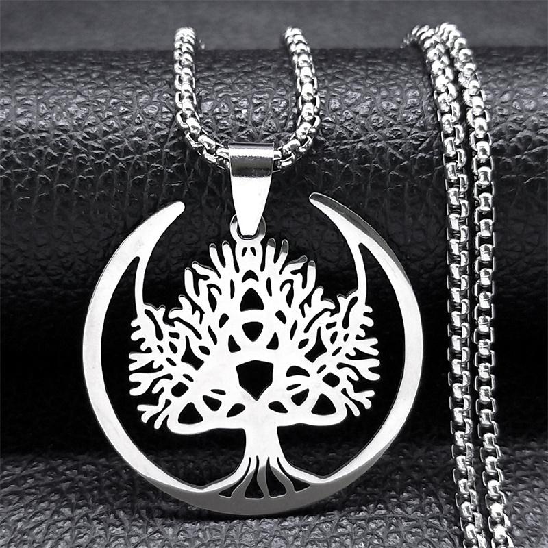 Witch Moon Trinity Knot Tree of Life Necklace for Women Men Stainless Steel Silver Color Aesthetic Amulet Chain Jewelry N9745S02