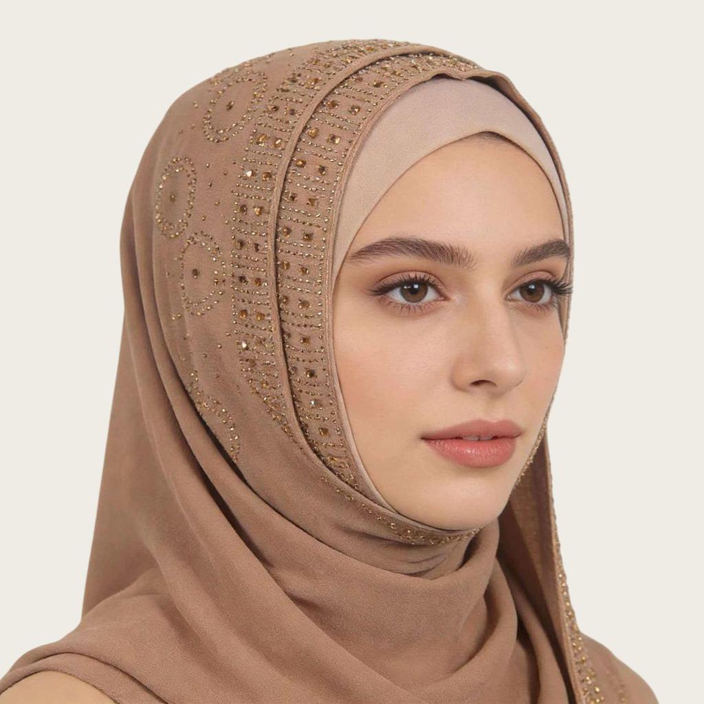 A007 Rhinestone & Pearl Embellished Long Scarf with Lace Trim
