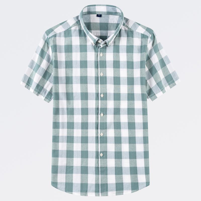 

100% Cotton Plaid Shirt Men s Short-sleeved Slim Summer Thin Korean Style half-sleeved shirt No-iron Tees Male Clothing 4XL зелений