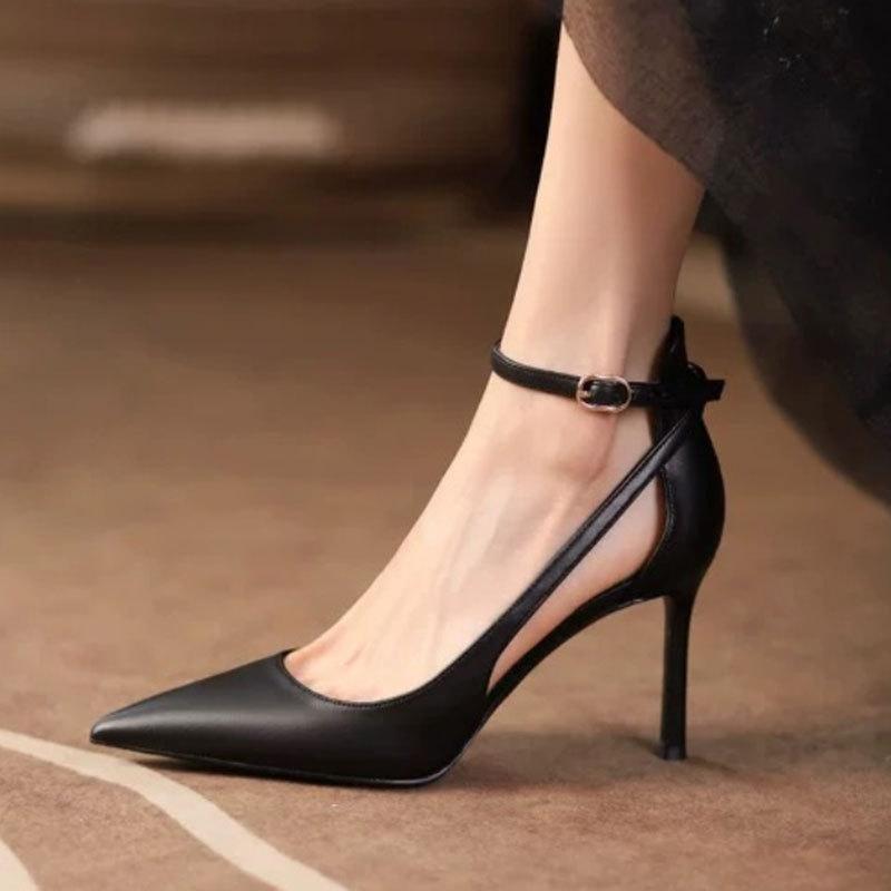 2025 spring new popular single shoes light mouth women's shoes nude pointed thin heel elegant one-word buckle high heels