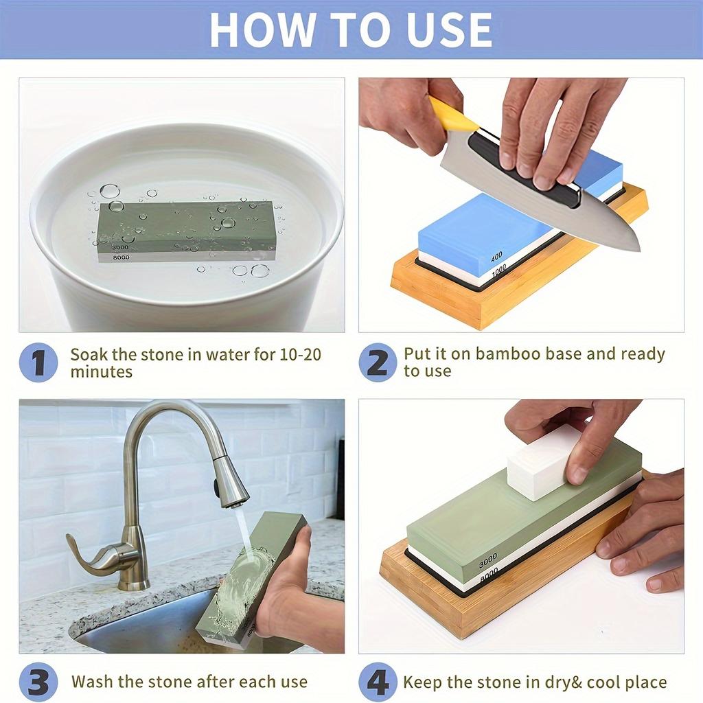 Sharpening Stone Set 4 Side Grit 400/1000 3000/8000, Premium Knife Sharpener, Knife Sharpening Stone Kit with Bamboo Base