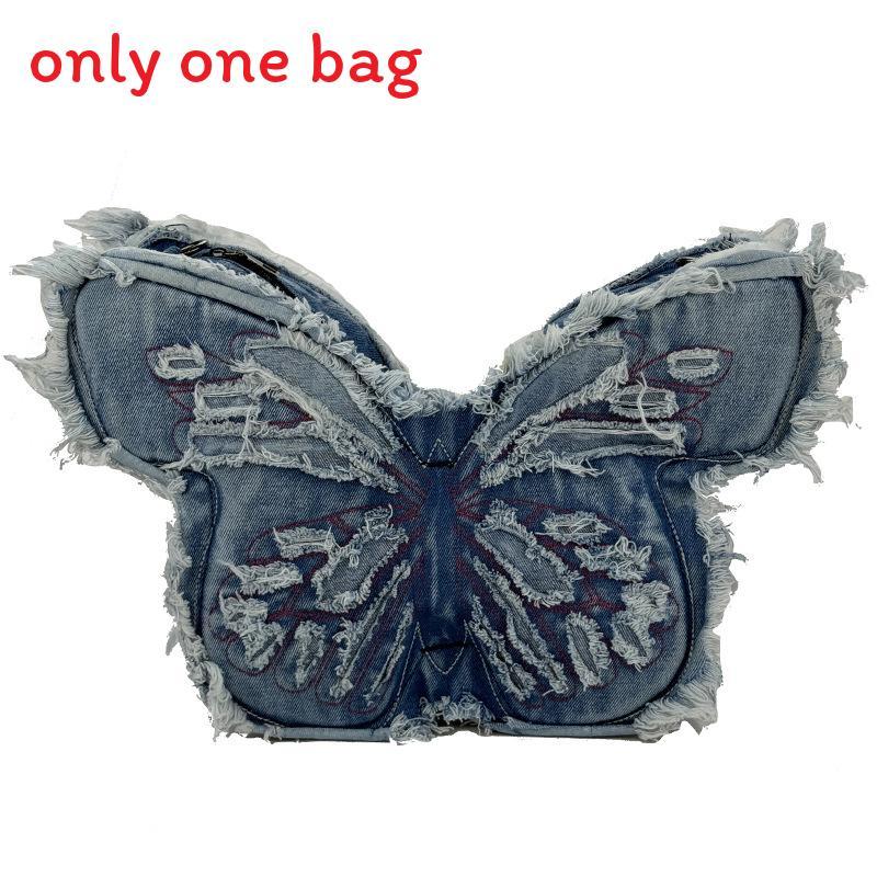 Borsa a Spalla Urbana in Denim con Ricamo a Farfalla e Pochette con Cerniera per Uso Quotidiano
