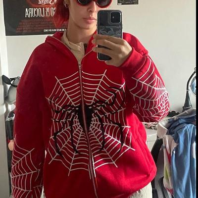 Hip Hop Women Hoodies Gothic Spider Web Print Hooded Zip Up Jacket Coats Grunge Y2k Oversized Streetwear Men's Sweatshirt Tops