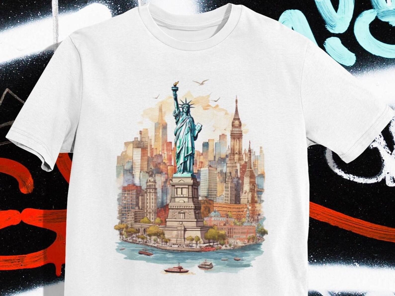 NYC Skyline T-Shirt: Statue of Liberty Watercolor Sketch M