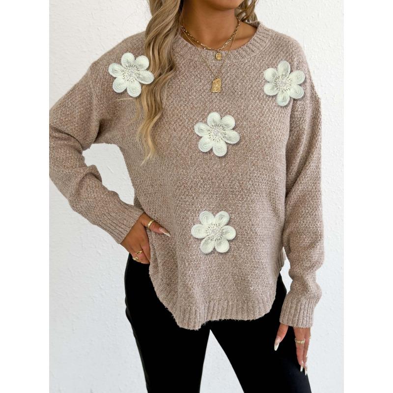 Women S Knit Sweater Embroidered Beaded Floral Patch Crew Neck Pullover