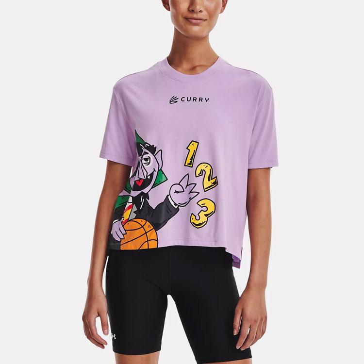 Under Armour X Sesame Street Cartoon Letter Print Basketball Sports High Neck Short Sleeve T-Shirt Women Tops Purple 1369705-566