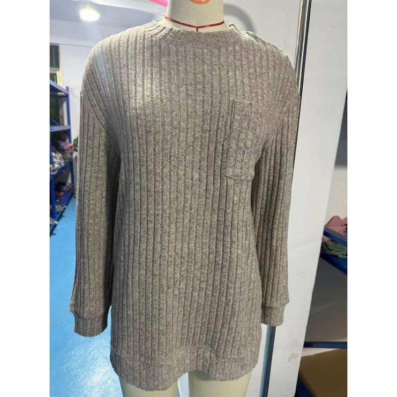Autumn Winter Round Neck Pocket Hem Slit Loose T-shirt Solid Color Knitwear Pullover Top for Women