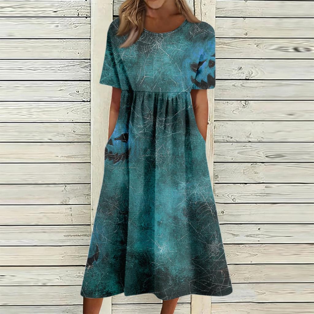 Women's Casual Halloween Printed Dress Short Sleeve Round Neck Pocket Midi Dress Plaid Pattern Comfortable Fit