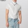 Summer Men High Neck Short Sleeve Mesh Transparent  Stitching T-shirts Tee