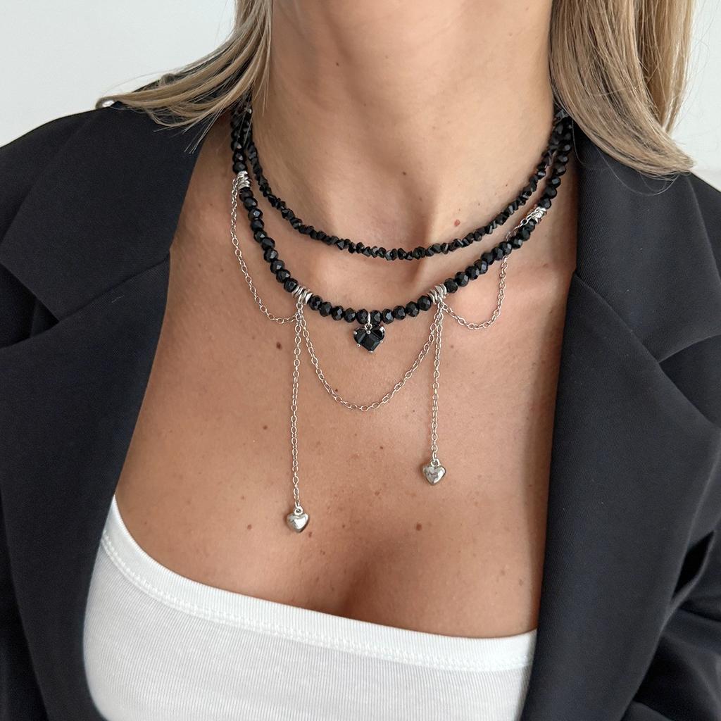 Sweet And Cool Spice Girl Crescent Crescent Love Pendant Tassel Necklace, Stylish Imitation Crystal Beaded Clavicle Chain