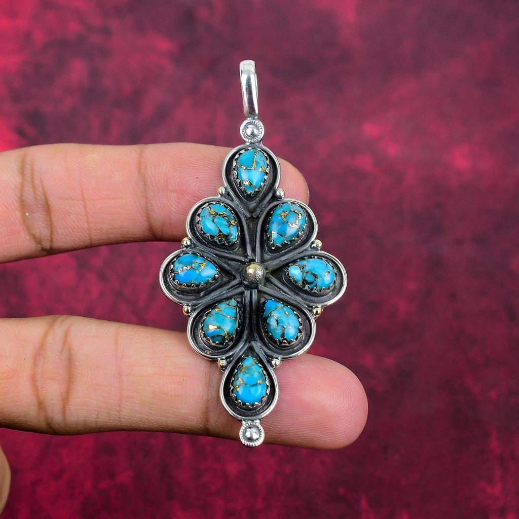 Pendentif en argent sterling 925 massif, fait main, turquoise bleue et cuivre, bijou ancien, idéal comme cadeau de fiançailles.