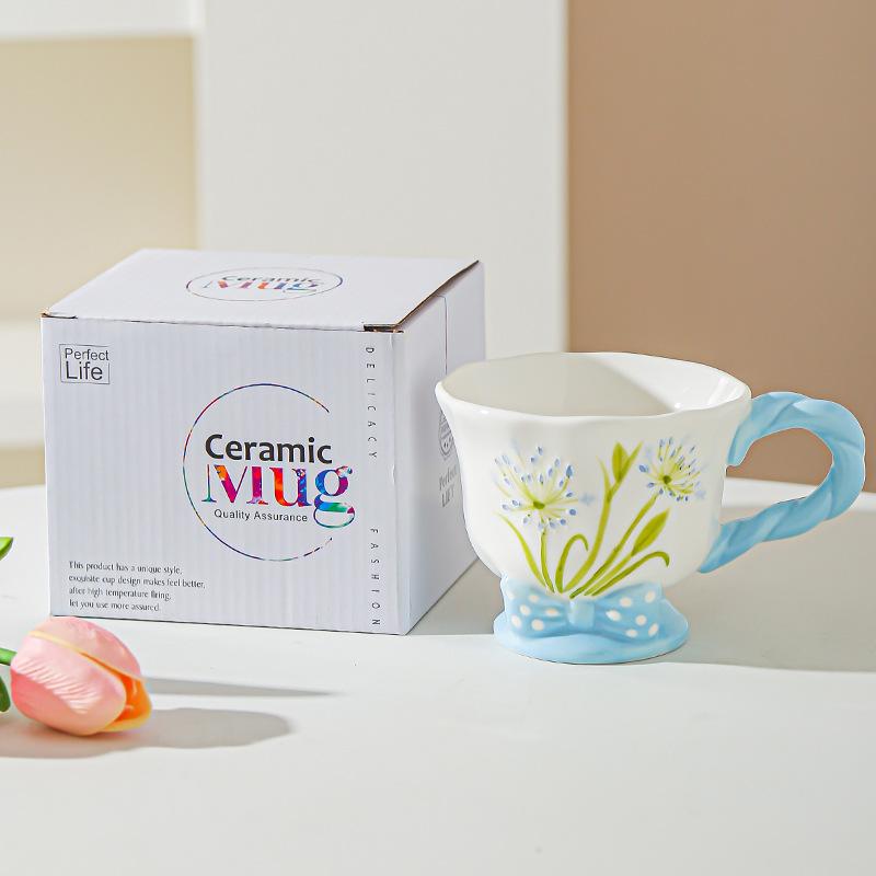 Tulip Ceramic Cup Hand Painted Relief High Looking Coffee Cup Mug Girl Heart Home Water Cup Souvenir