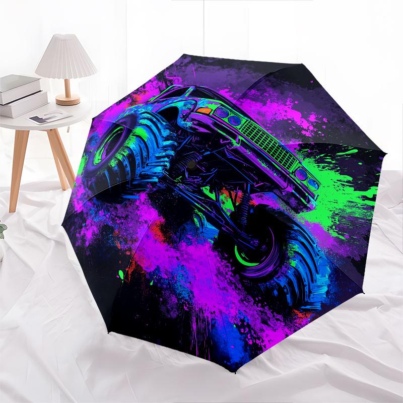 Monster Truck, Neonfarben Automatischer Regenschirm einfaches Acht-Rippen-Design, leuchtendes Farbmuster, stabiler Eisenrahmen, ideal für Reisen a