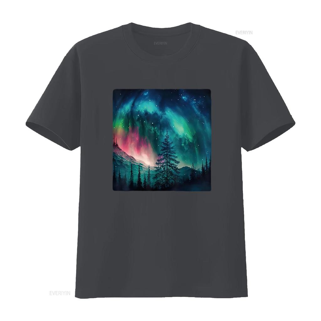 Womens Alaska Northern Lights in the Forest T Shirt vintage Washed Slightly fashion Top For Everyday Wear Versatile homme