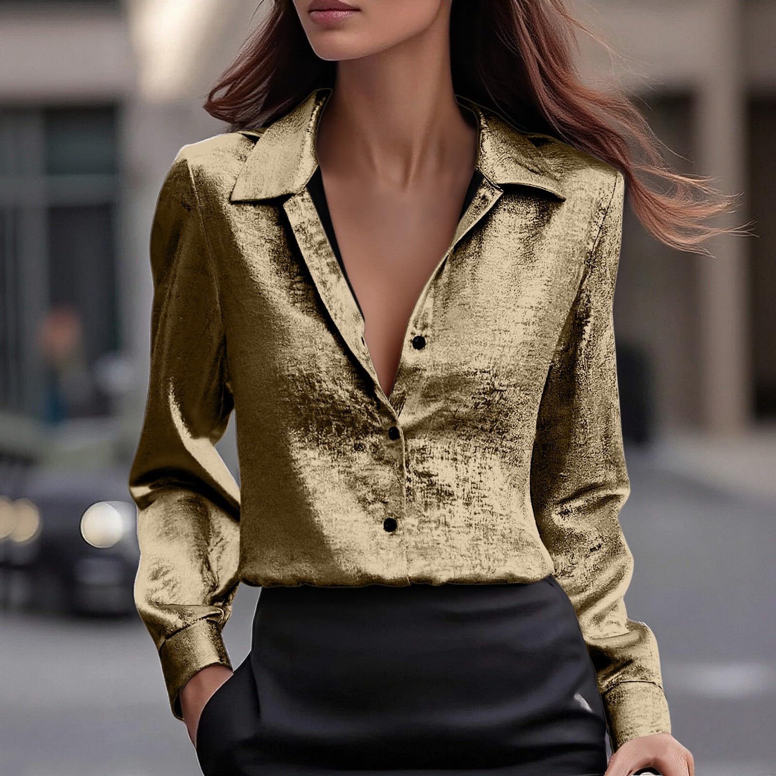 Женская модная цветная рубашка с лацканами, длинным рукавом и пуговицами, свободный топ S золотой