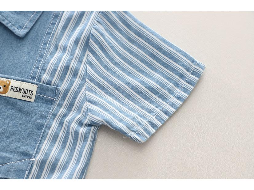 Boys' Vertical Stripe Bear Pocket Short Sleeve Set - Casual Two-Piece Summer Outfit