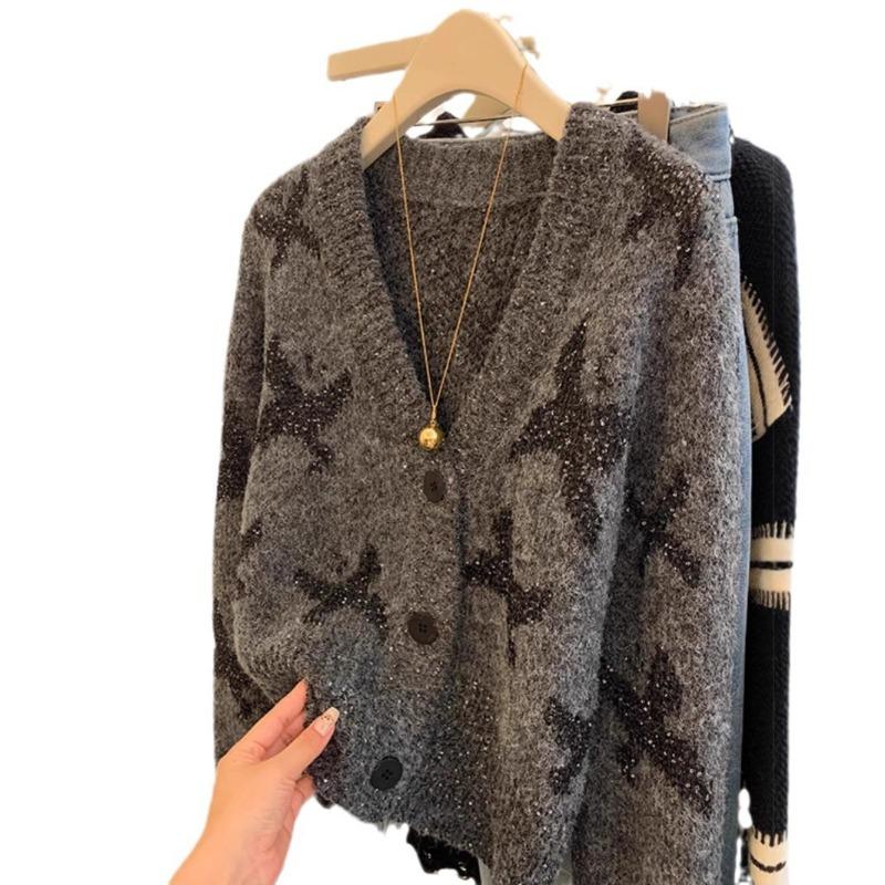 Grey Butterfly Sequined Premium Sweater Women's Soft Waxy Women's Cardigan Long-sleeved Short Knitted Jacket