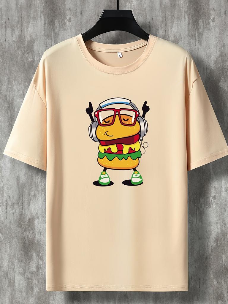 Mens Casual and Fashionable Hamburger Pattern Printed Round Neck Short Sleeved Tshirt with Loose Clothing Added