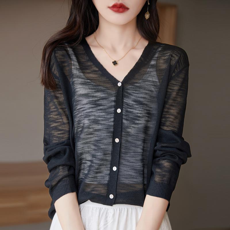 

IHUASU женский вязаный кардиган из бамбука и пеньки, тонкий шелковый льняной жакет, летняя свободная шаль с кондиционером XXL чёрный