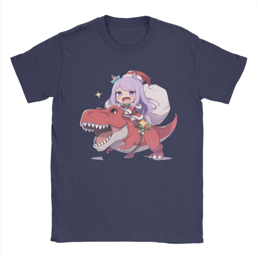 Men T-Shirt Mejiro Mcqueen Christmas Dinosaur Pure Cotton Tee Shirt Short Sleeve Uma Musume T Shirts Crew Neck Clothing