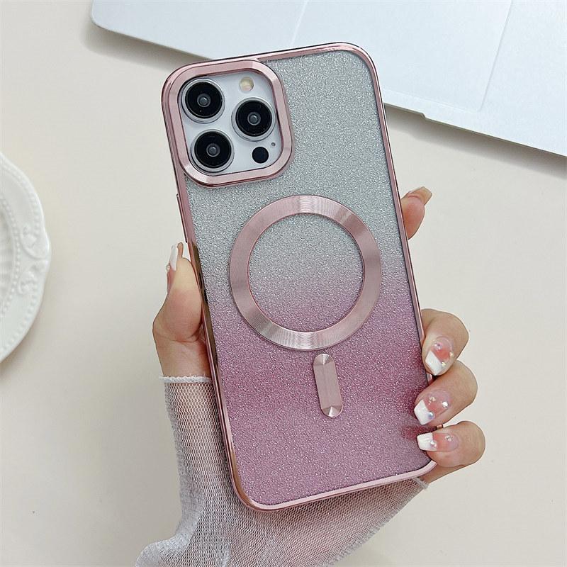 Luxusní Gold Shield Electroplated Gradient Color Glitter Magnetic Bezdrátové nabíjecí pouzdro pro iPhone 14 13 12 11 Pro Max Ochranný kryt proti pádu