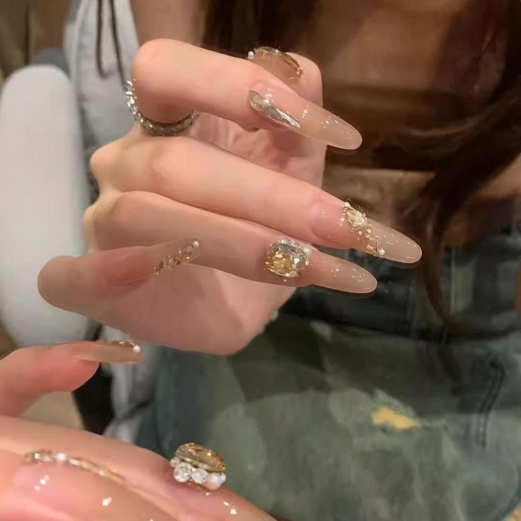 Handmade Medium-Long Ice Crystal Butterfly Cat Eye Nails for Brides or Pregnant Women