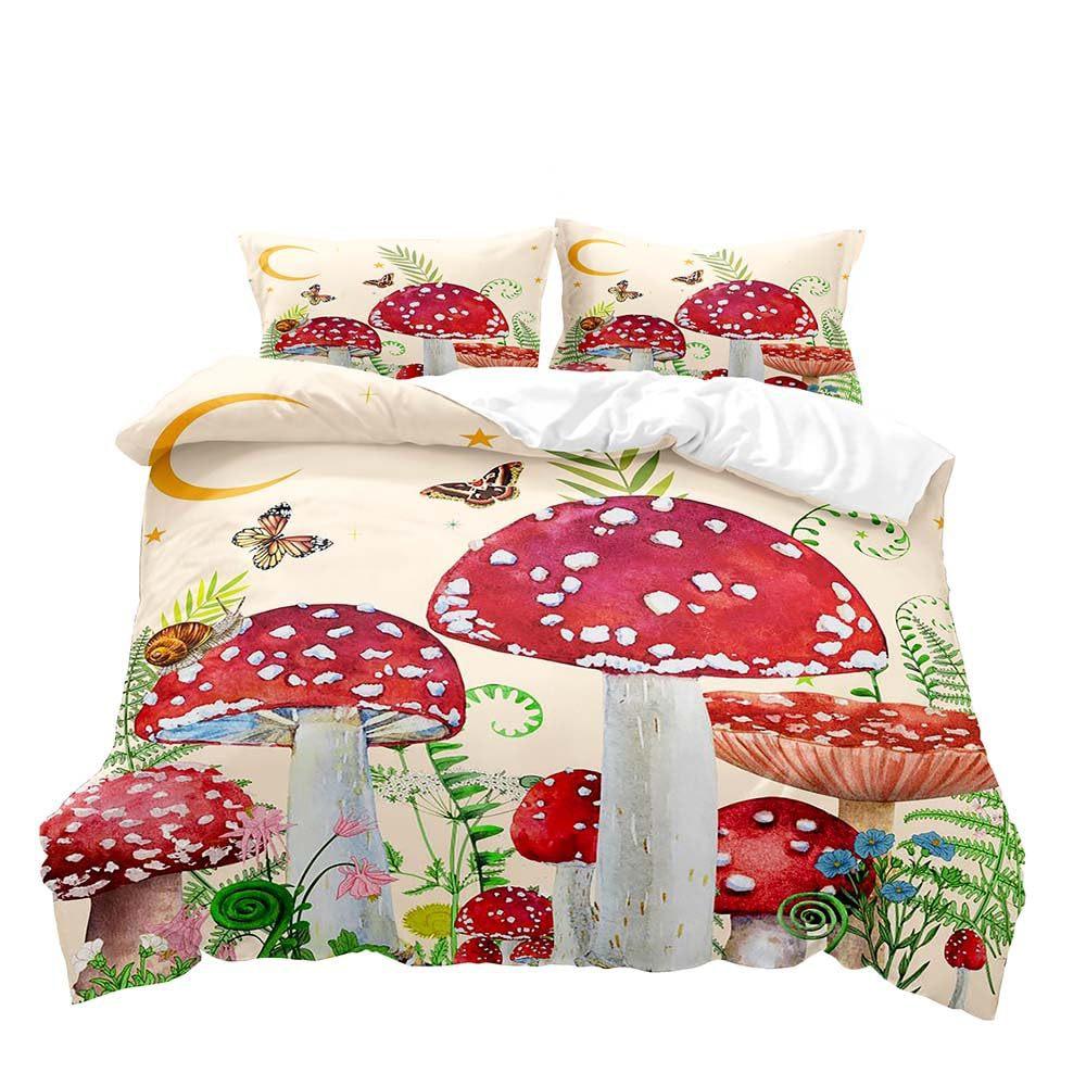 Red Mushroom Three-piece Quilt Cover 3D Digital Printing Bedding Set Green Plant Plant Fungus Bed Cover