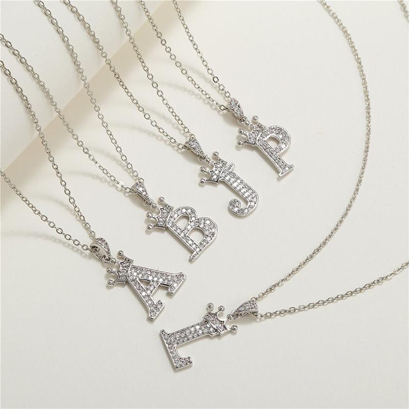 Cubic Zirconia Crown Letter Pendant Necklace Silver Hip Hop Punk Alphabet Jewelry