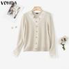 VONDA Autumn Winter Women Lace V Neck Long Sleeve Knitted Pullover Sweaters Jumpers