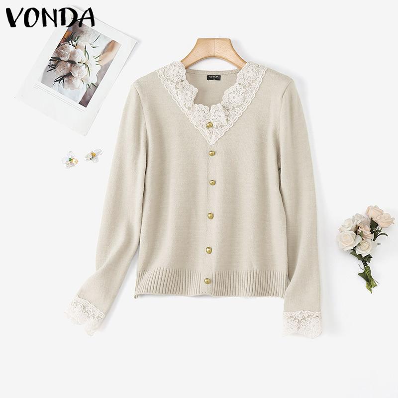 VONDA Autumn Winter Women Lace V Neck Long Sleeve Knitted Pullover Sweaters Jumpers