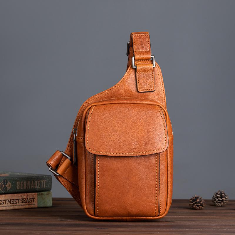 Convenient Baotou Layer Tree High Vegetable Tanned Cowhide Retro Casual Men's Chest Bag Diagonal Backpack