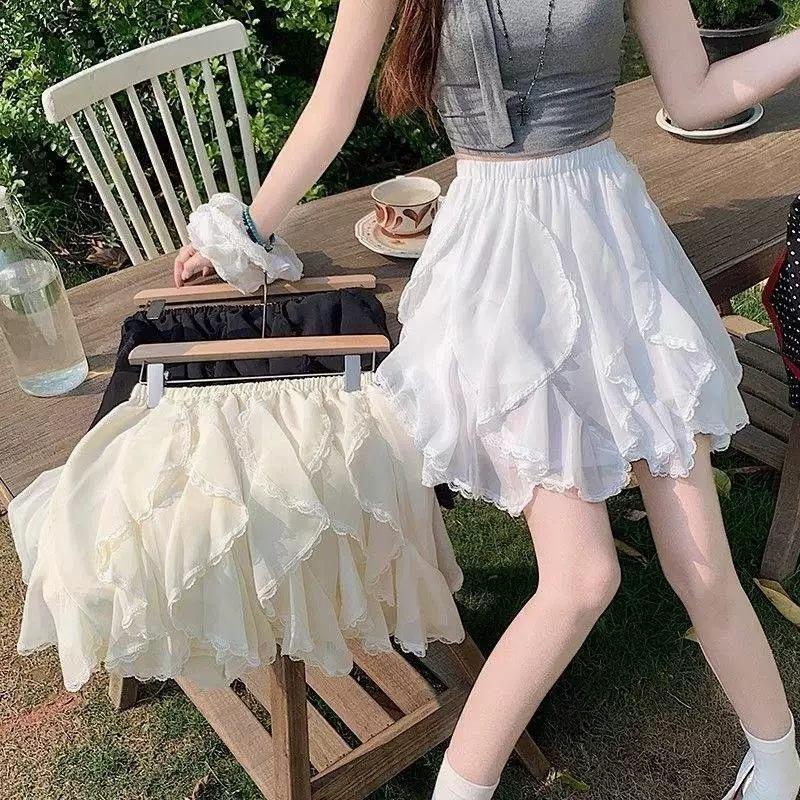 New high-waisted slim skirt summer splicing lace lace white cake irregular skirt