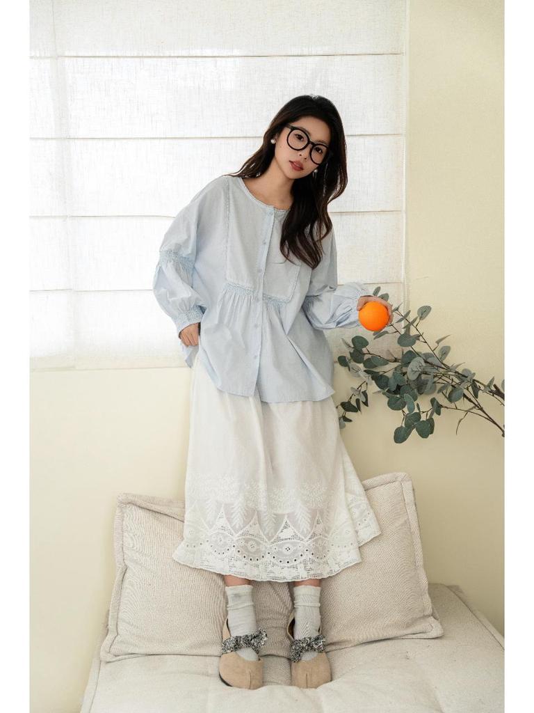 2026 Spring Women's Sweet Puff Sleeve Cardigan, Round Neck, Loose Slimming Cotton Long Sleeve Top